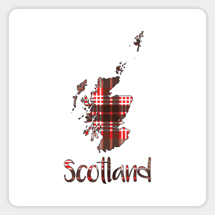 Scotland Red, Black and White Tartan Map Typography Design Magnet